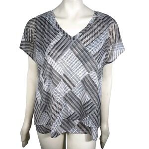 Dana Buchman Gray Black Geometric VNeck Blouse XL Stretch Career Casual Workwear